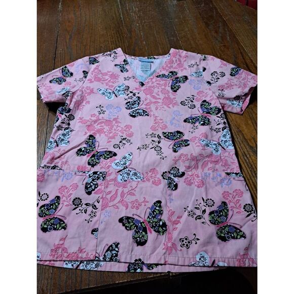 XS SB Scrubs Short Sleeve Floral Butterfly Spring Summer Scrub Top Shirt Pink - Picture 1 of 5